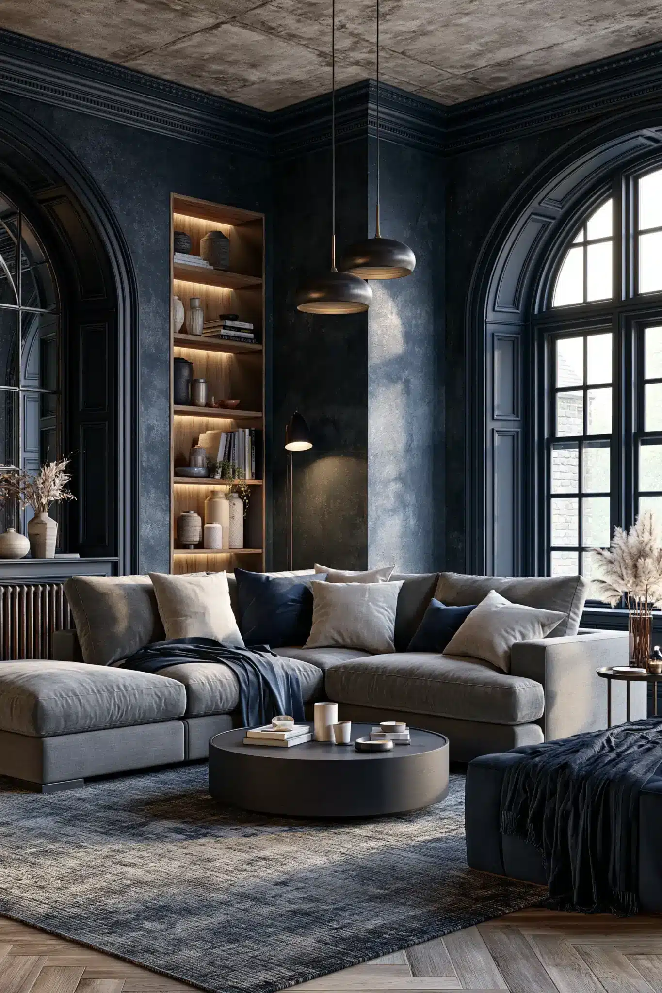 navy blue and grey living room