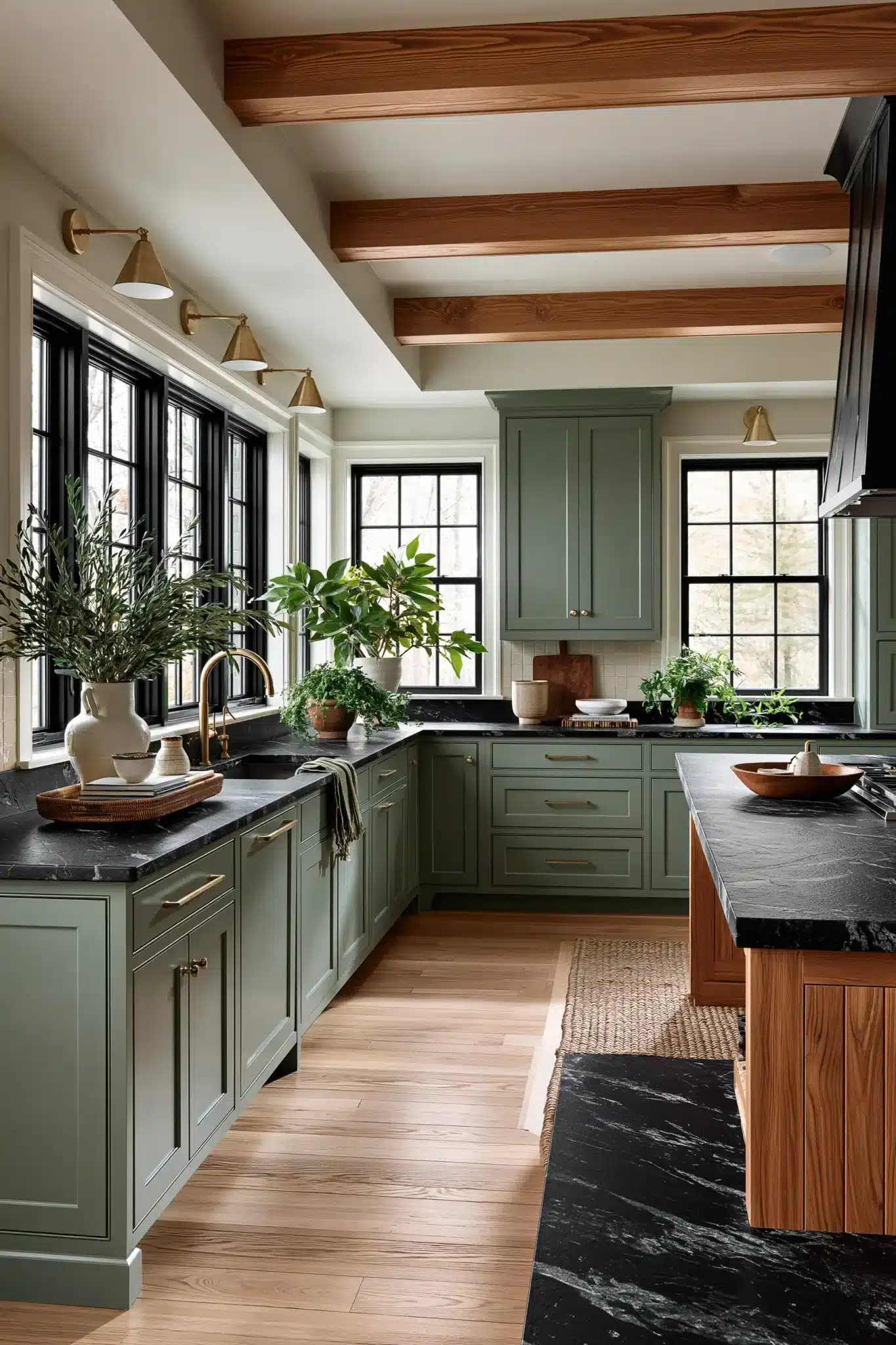 sage green and black kitchen