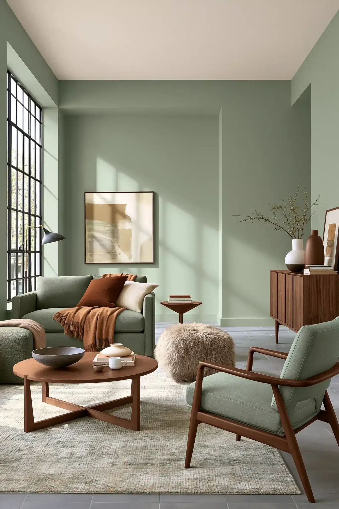 sage green and brown living room