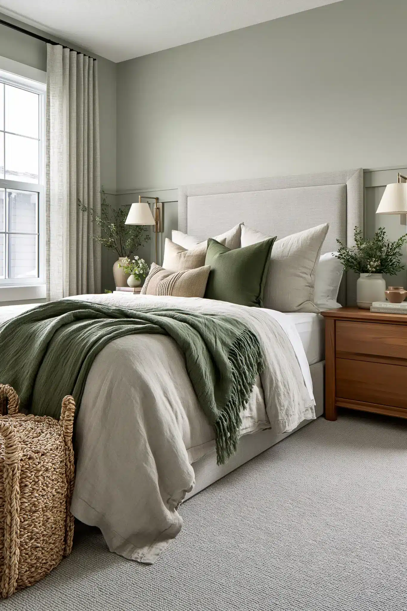 sage green and grey bedroom