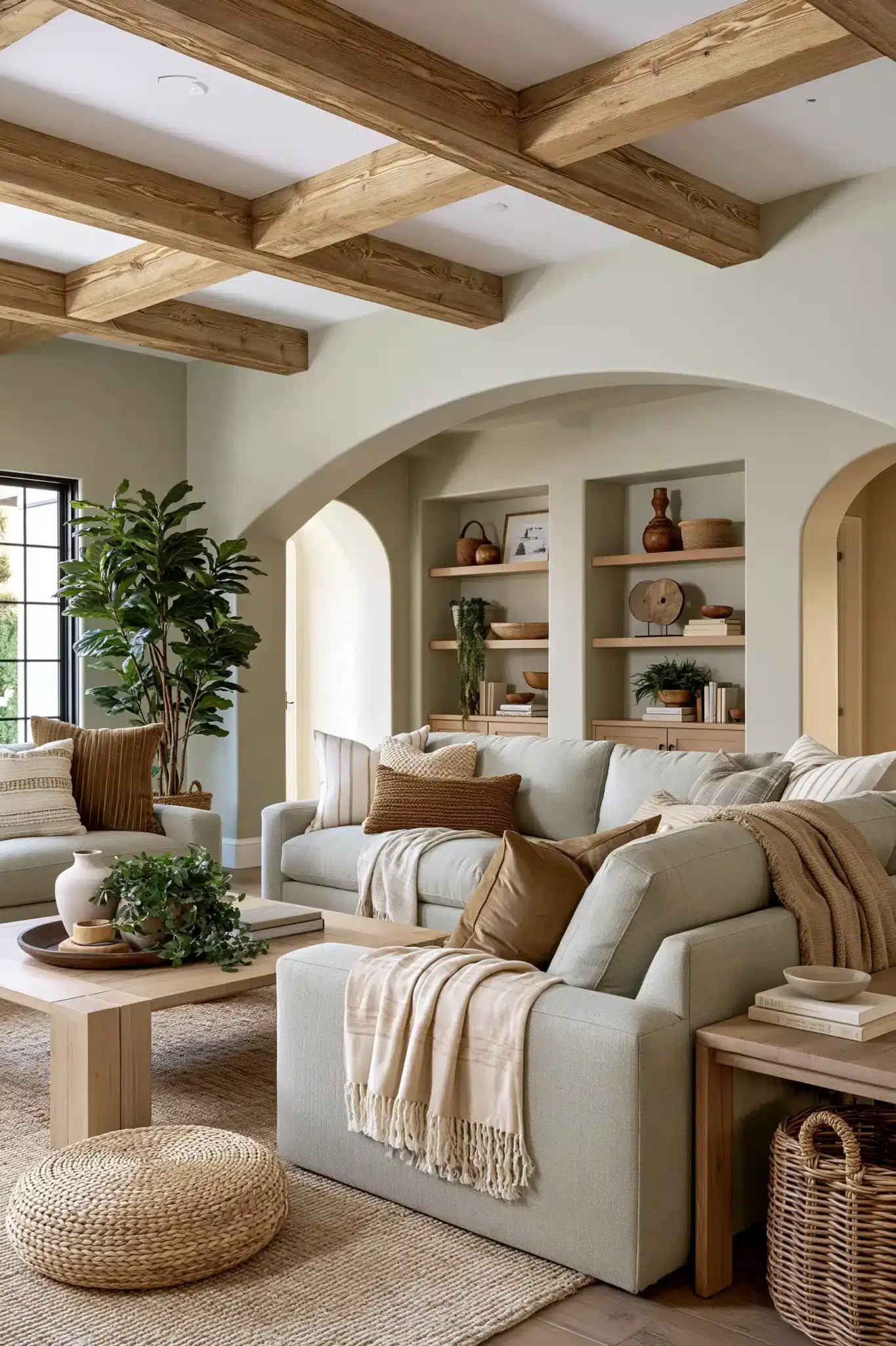 sage green and brown living room