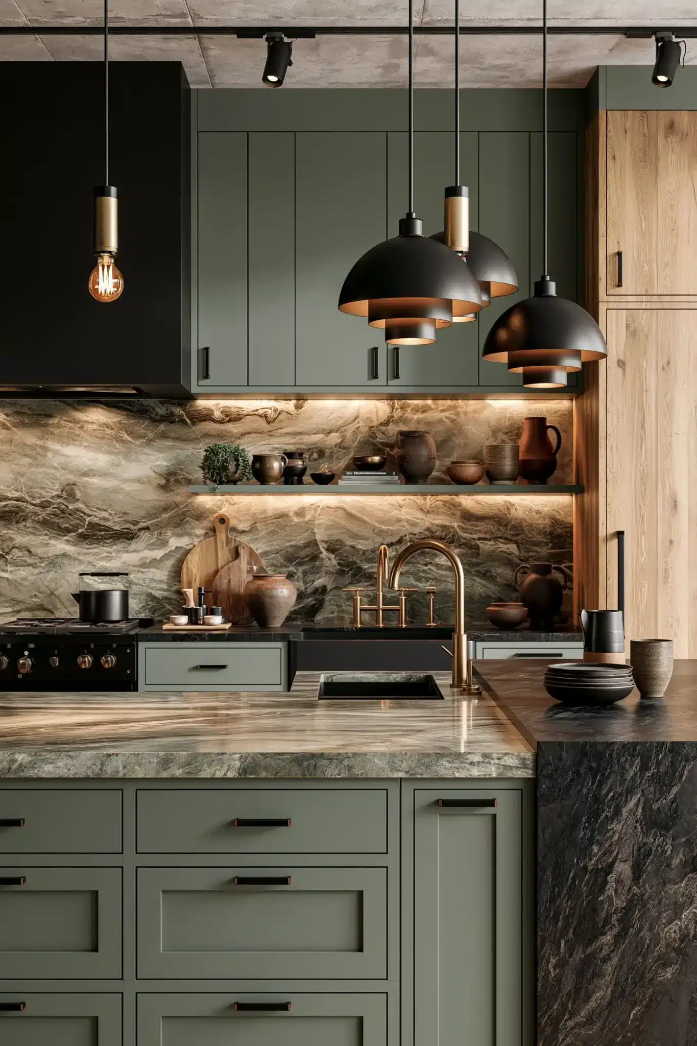 sage green and black kitchen