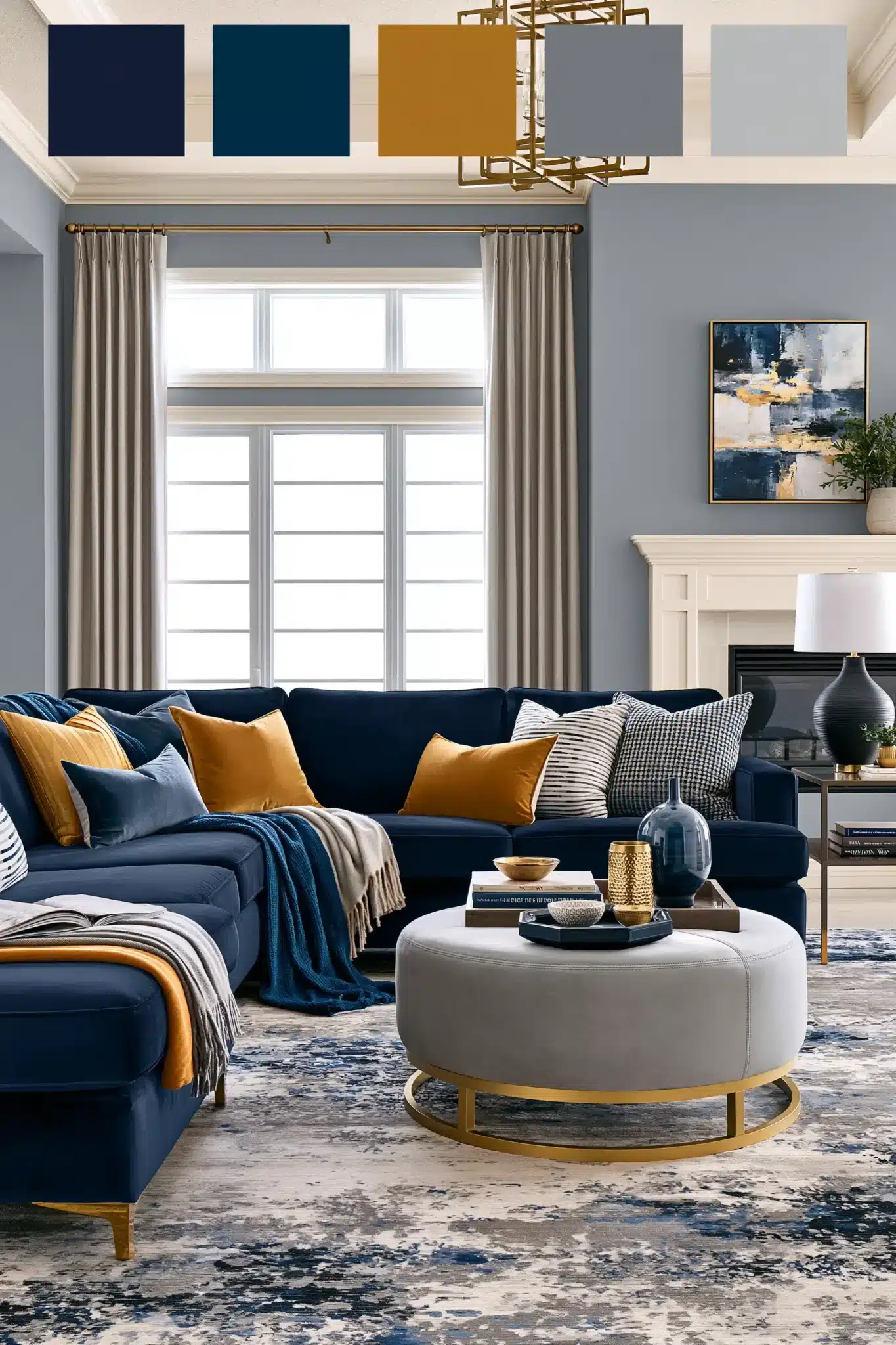 navy blue and grey living room