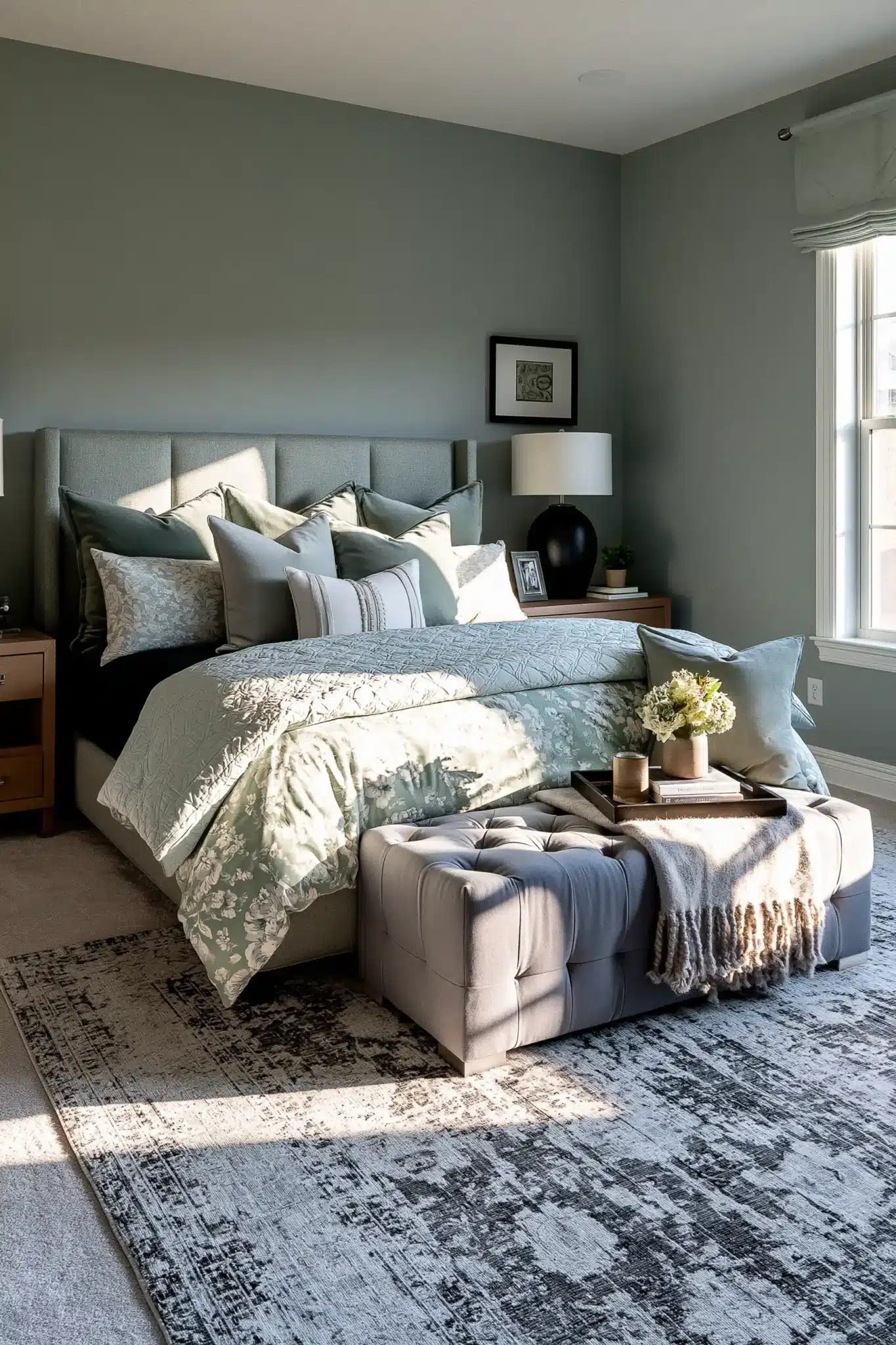 sage green and grey bedroom