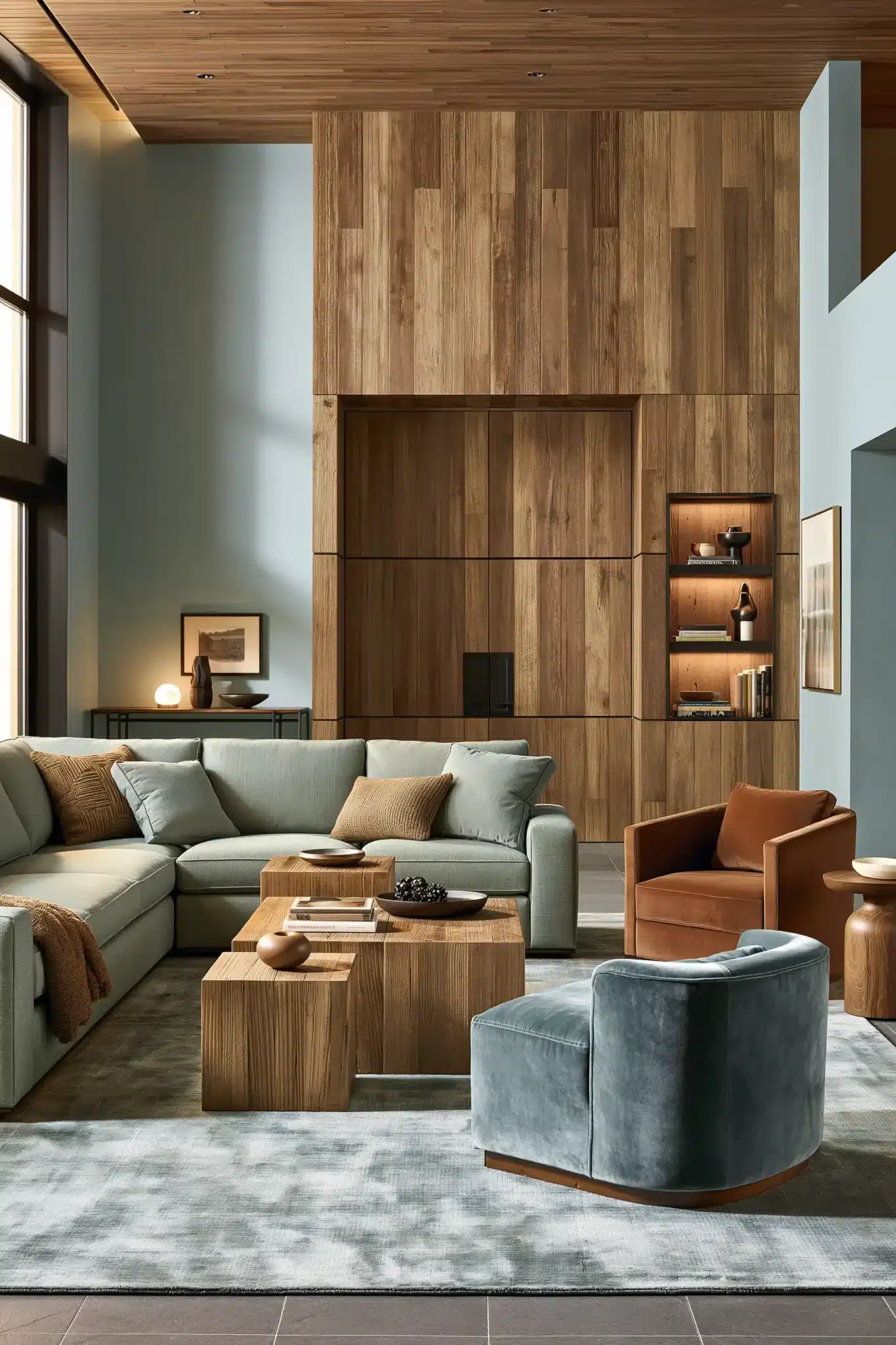 sage green and brown living room