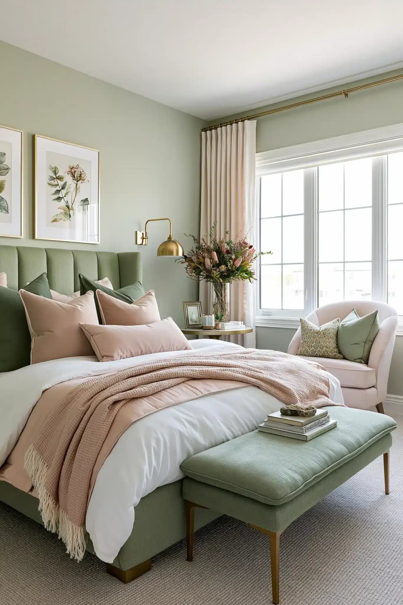 sage green and blush bedroom