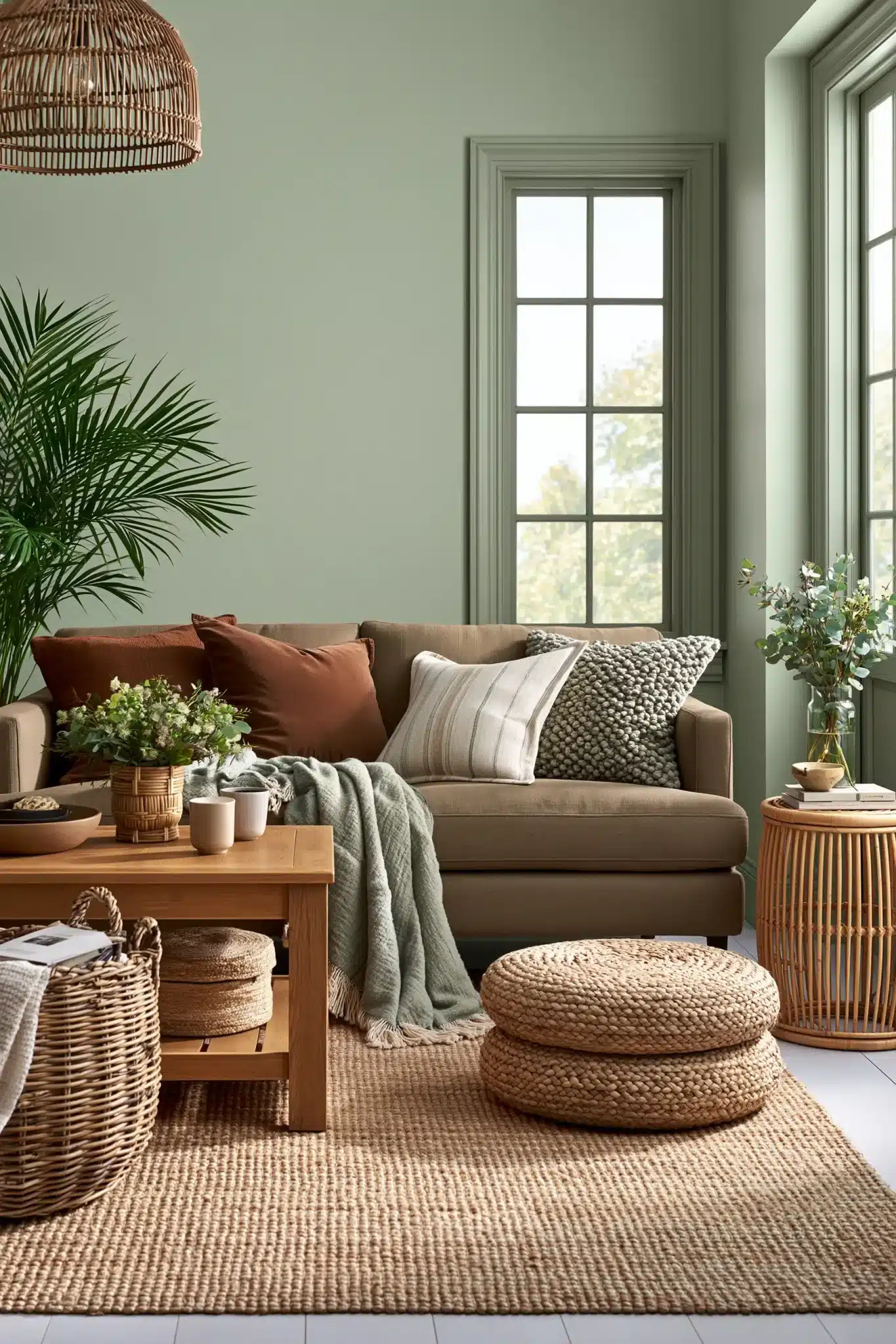 sage green and brown living room