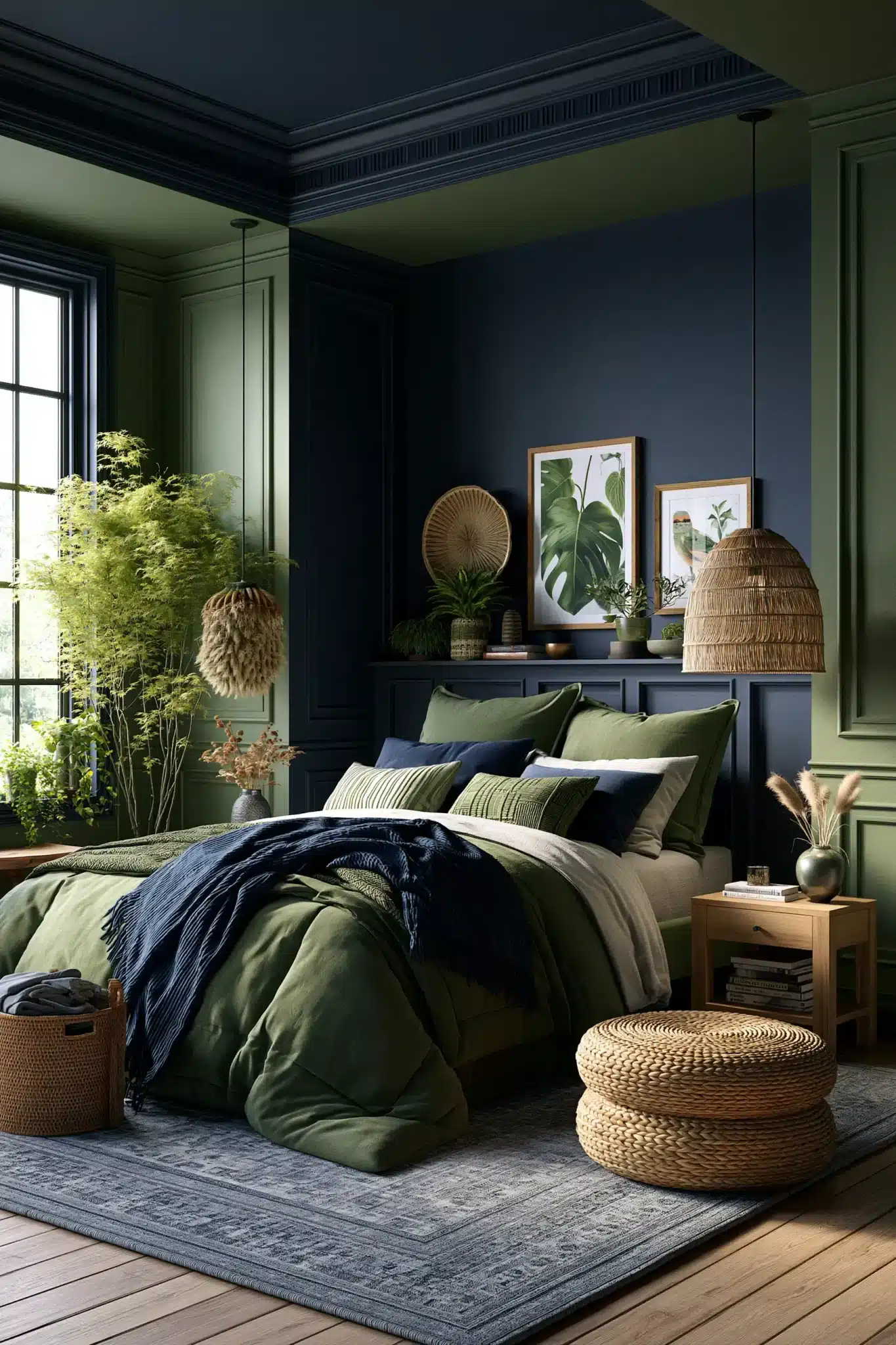 navy blue and green bedroom