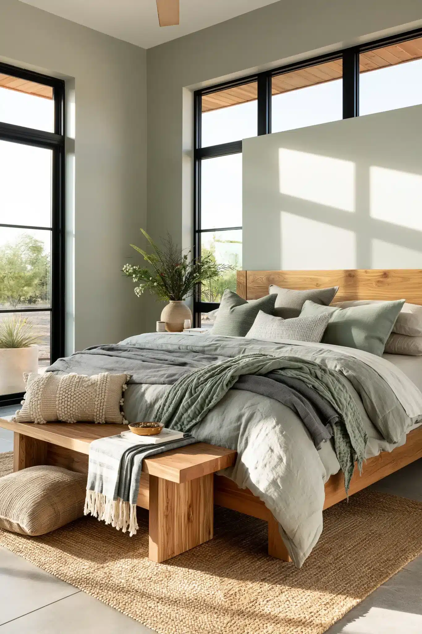 sage green and grey bedroom
