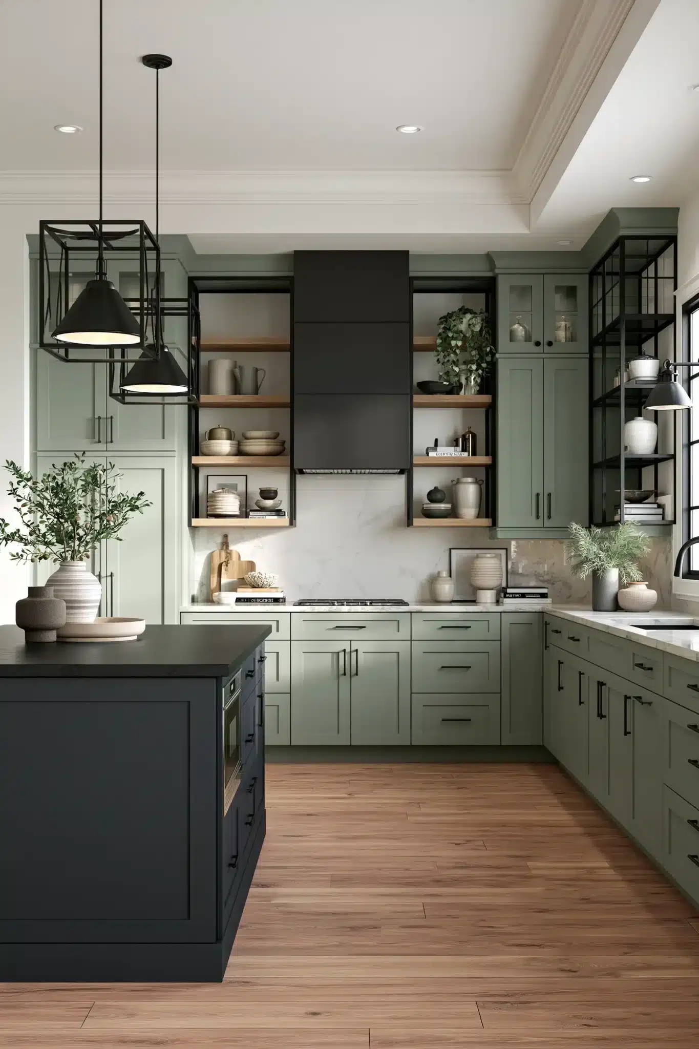 sage green and black kitchen