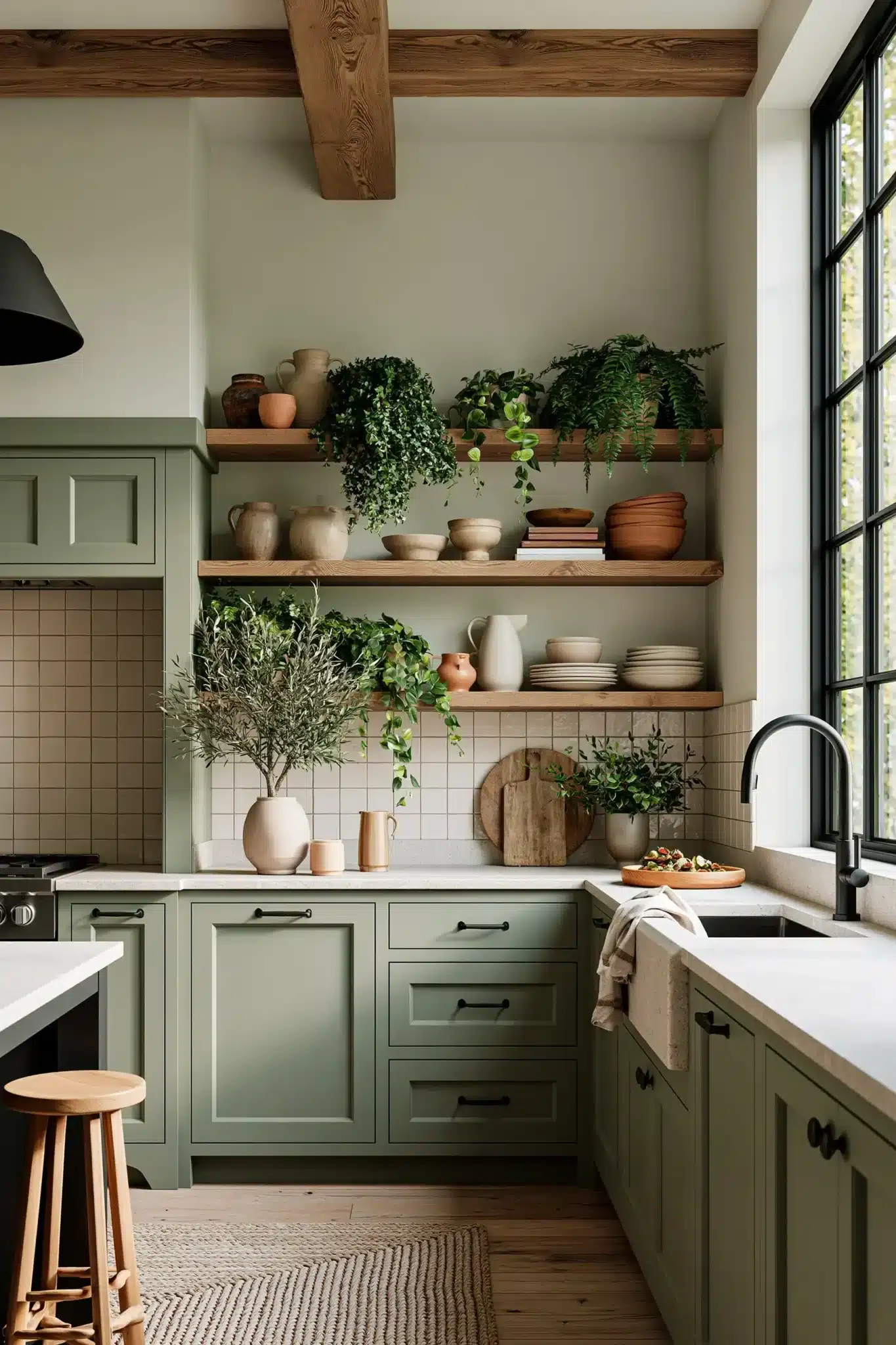 sage green and black kitchen