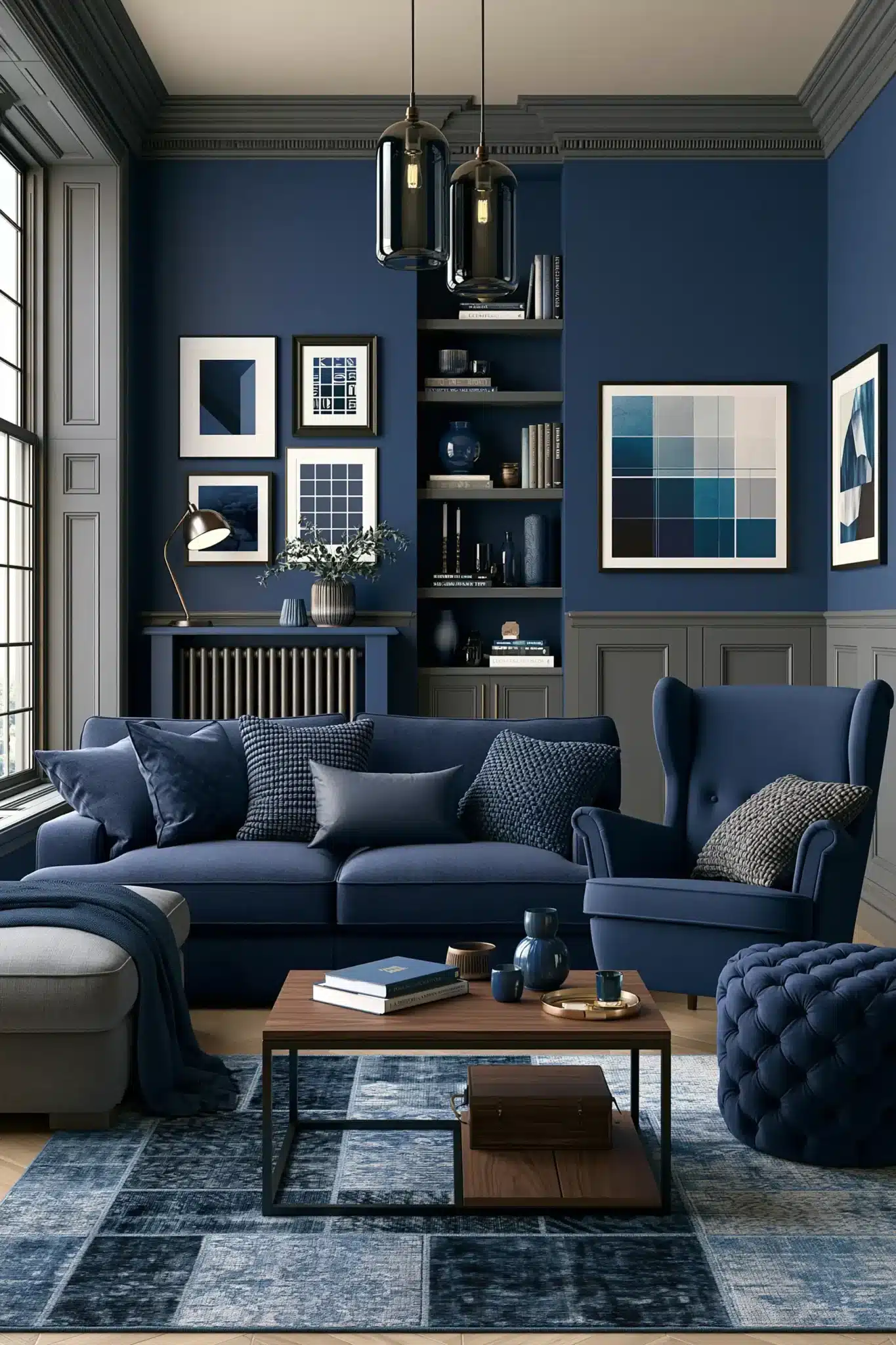 navy blue and grey living room
