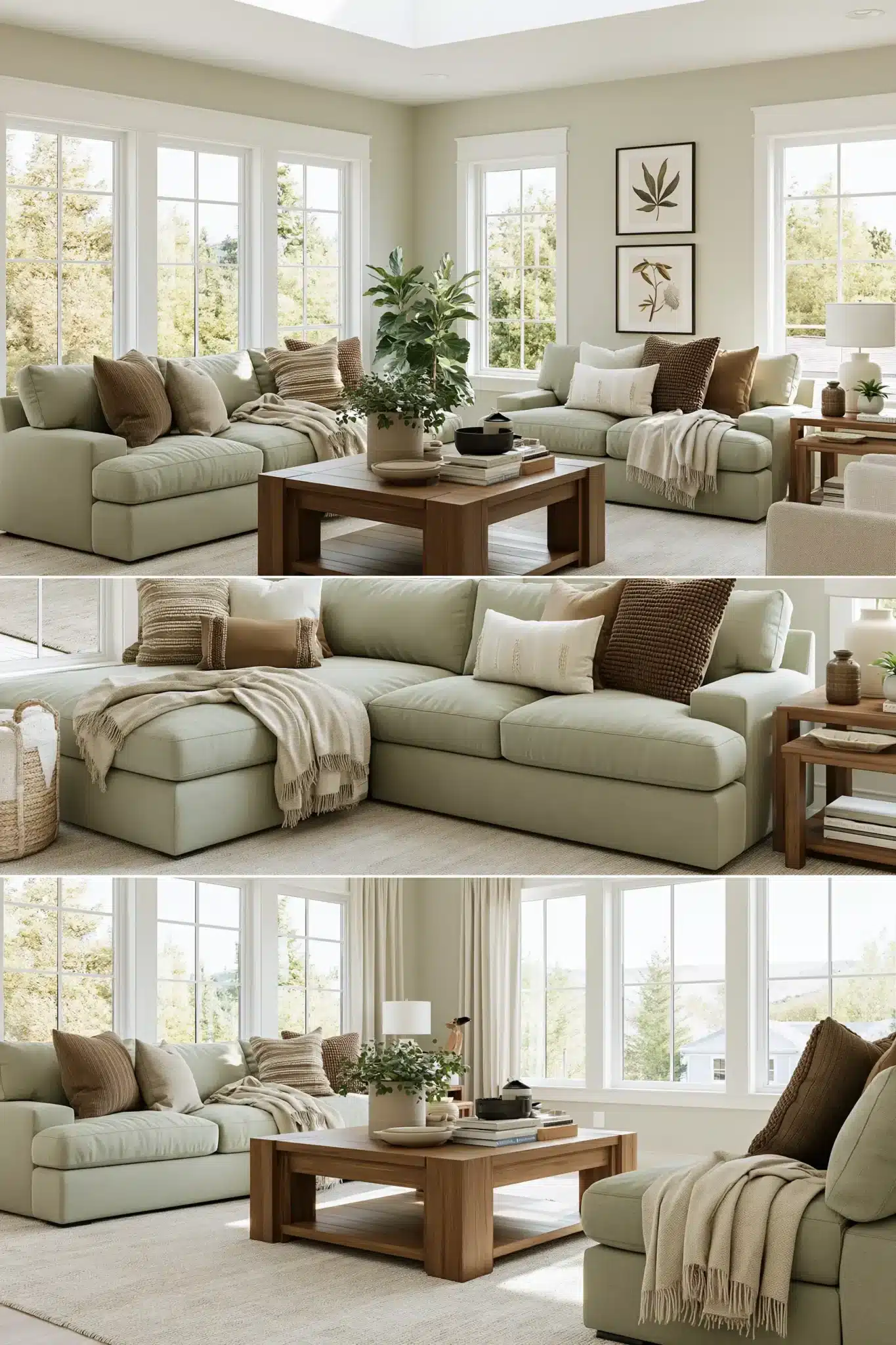 sage green and brown living room