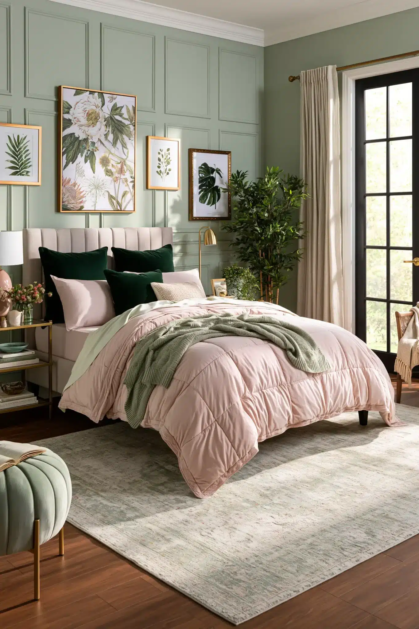 sage green and blush bedroom