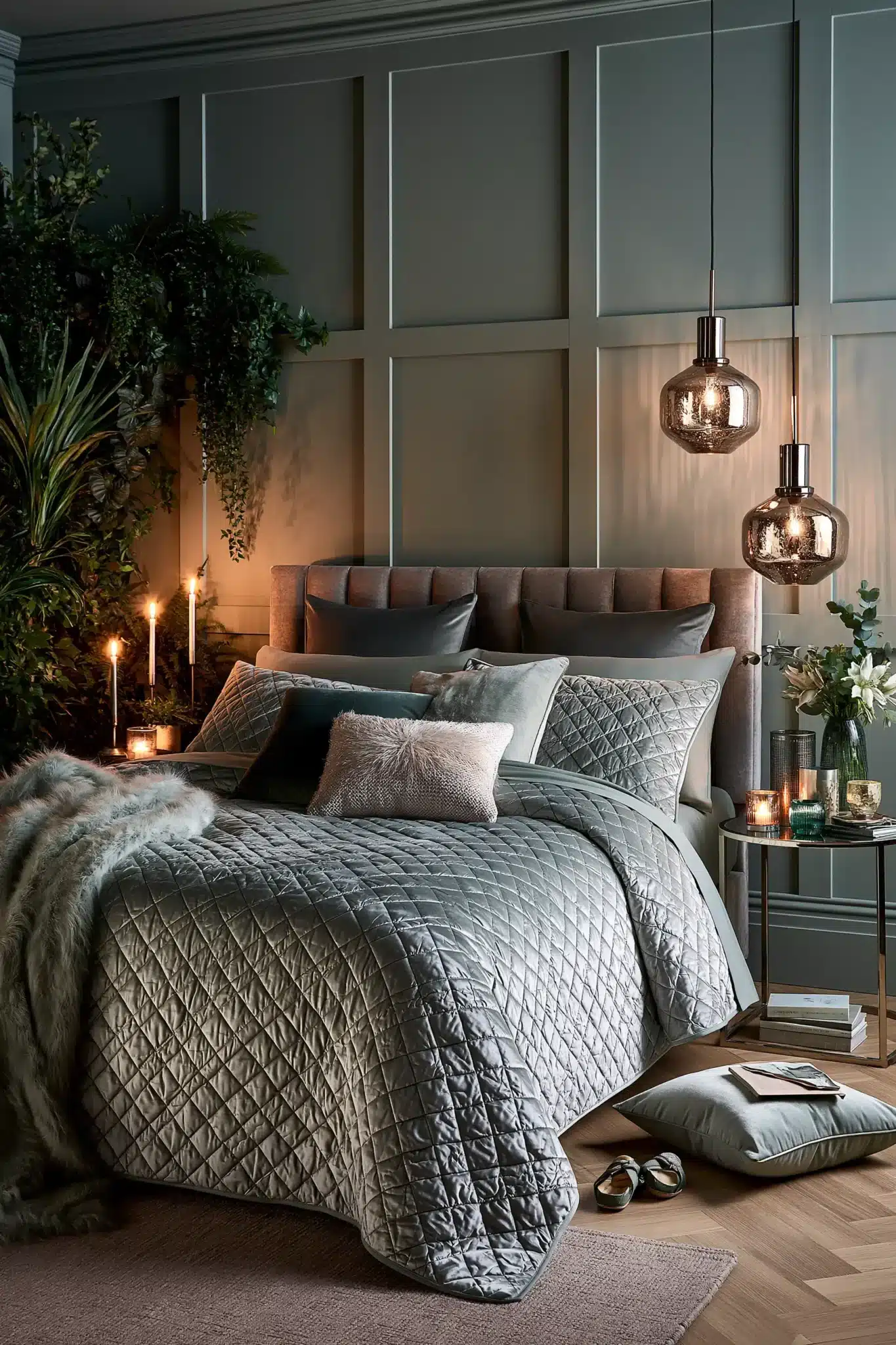 sage green and grey bedroom