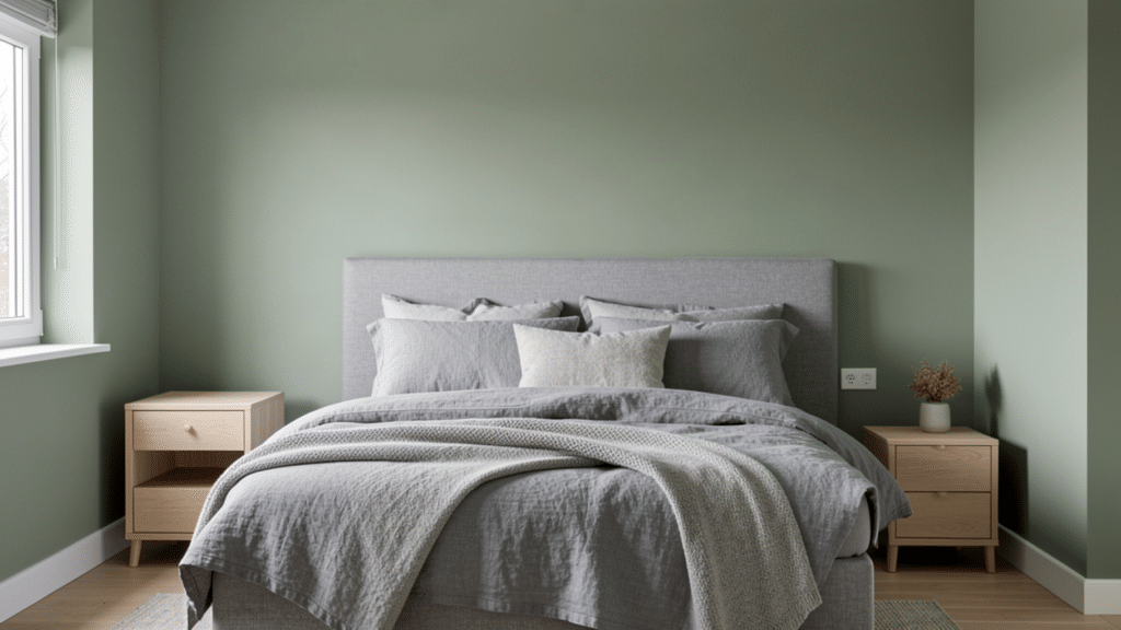sage green and grey bedroom