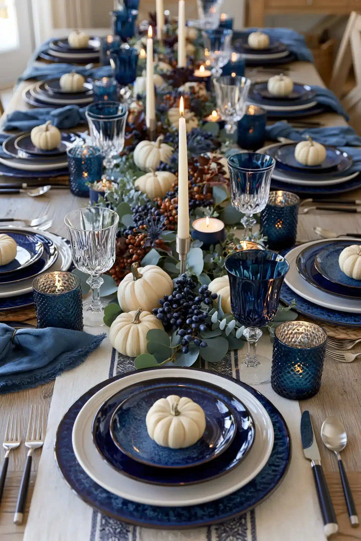 blue thanksgiving table decor