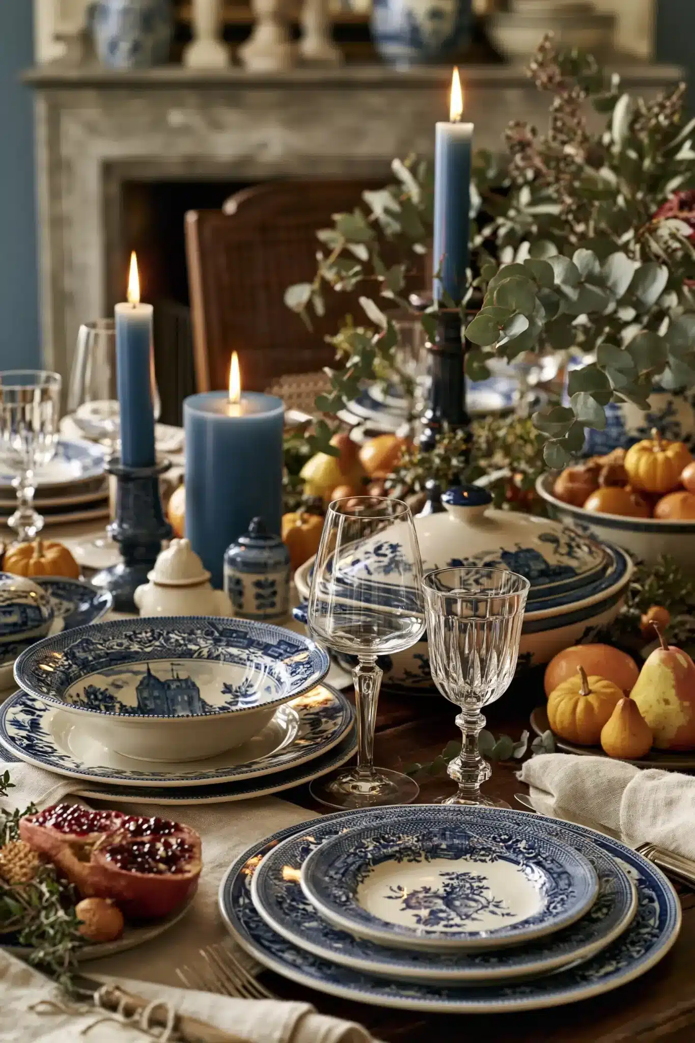 blue thanksgiving table decor