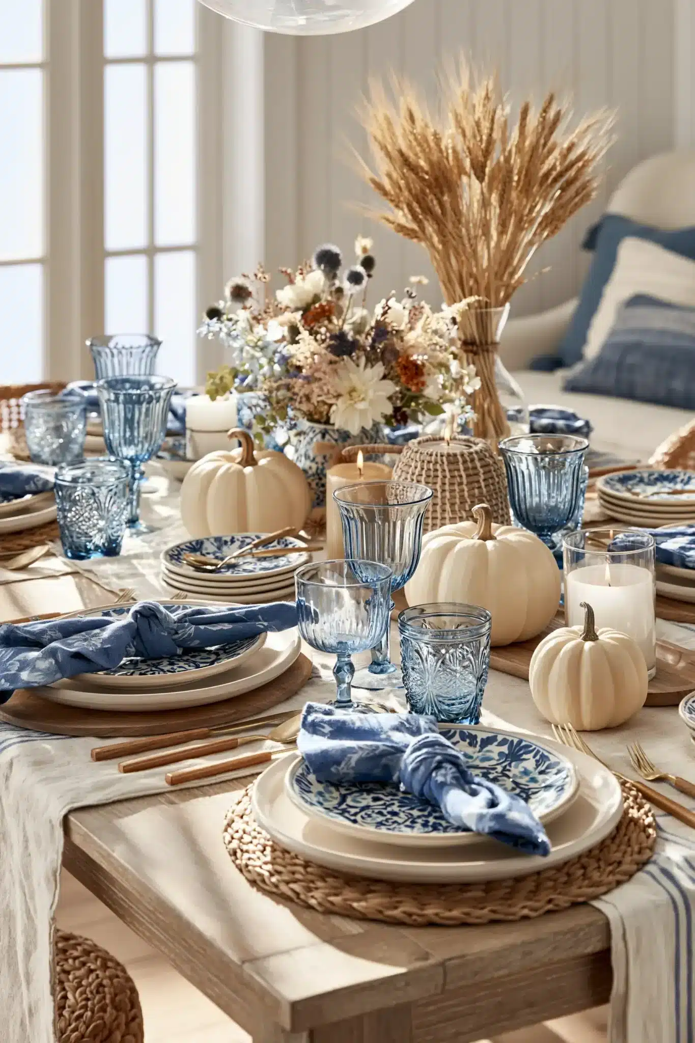 blue thanksgiving table decor