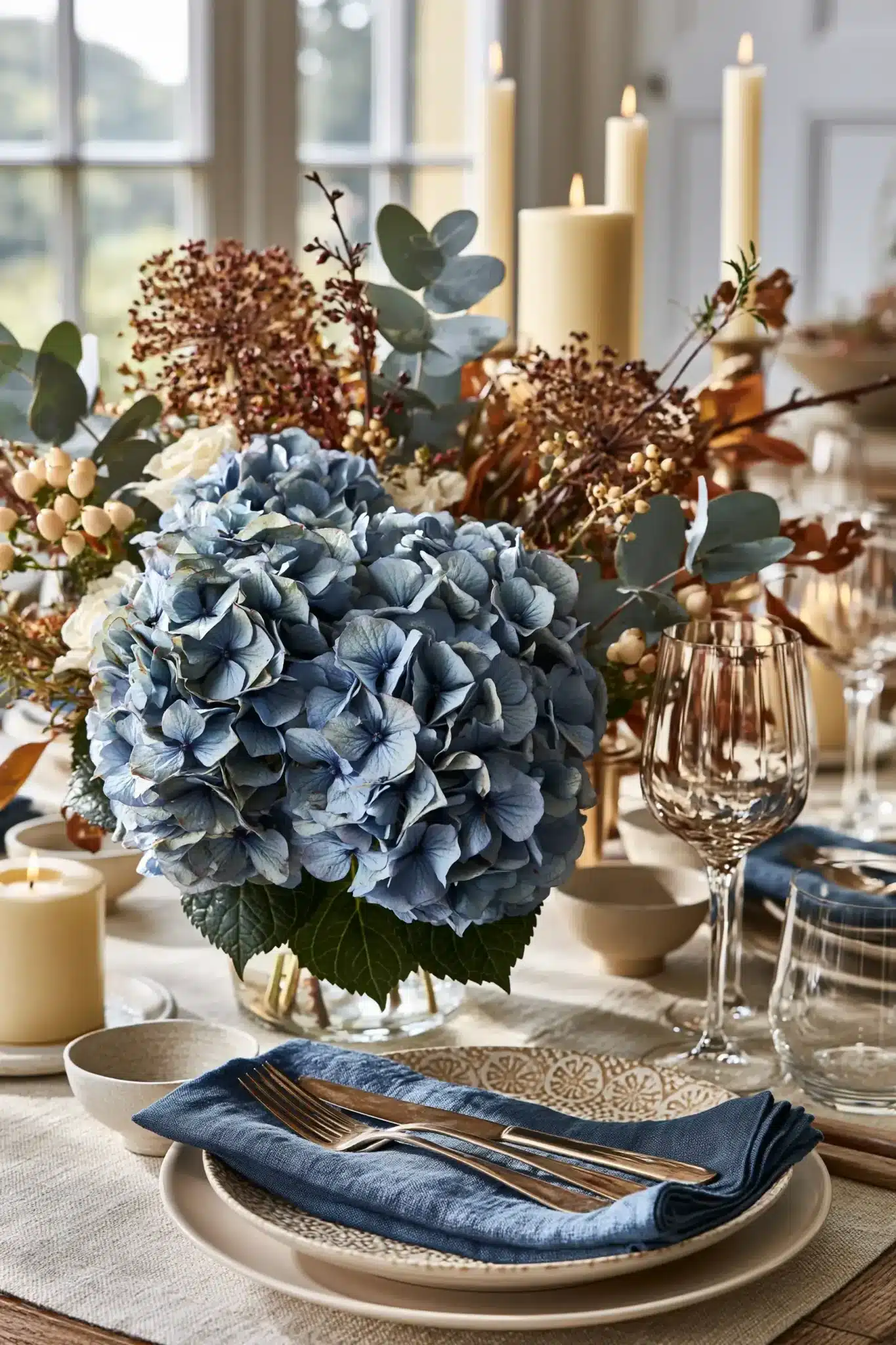 blue thanksgiving table decor